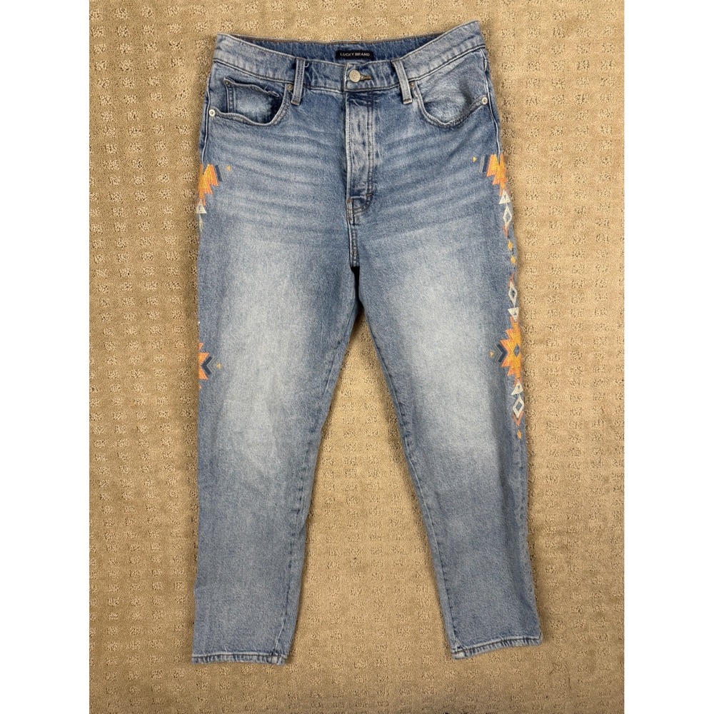 Womens Lucky Brand 10 (29x26) High Rise Mom Jeans Drew Embroidered Aztec #1311